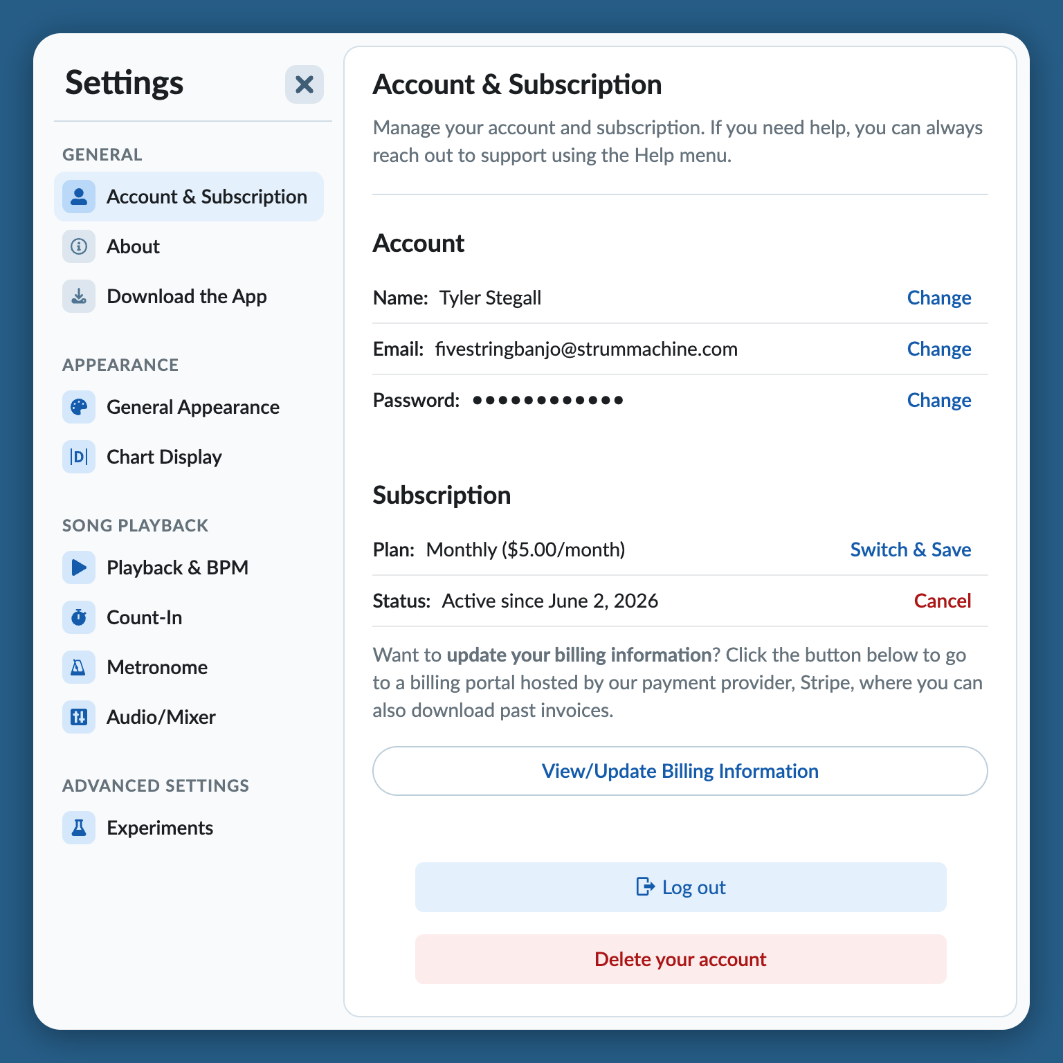 App Settings modal with Account & Subscription selected