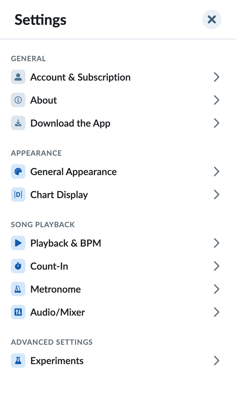 App Settings categories list on phone