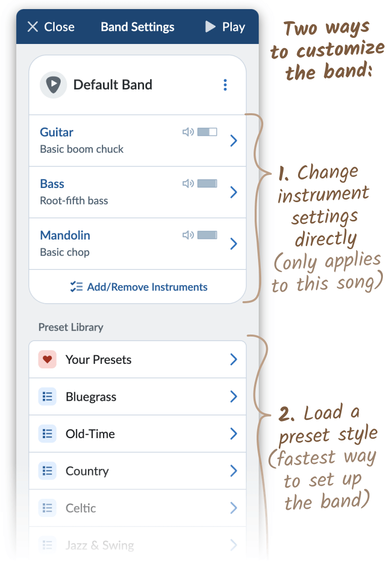 Band Settings menu; annotations are repeated below