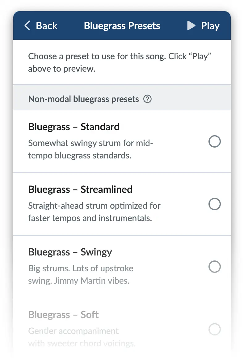 Bluegrass presets list (truncated)