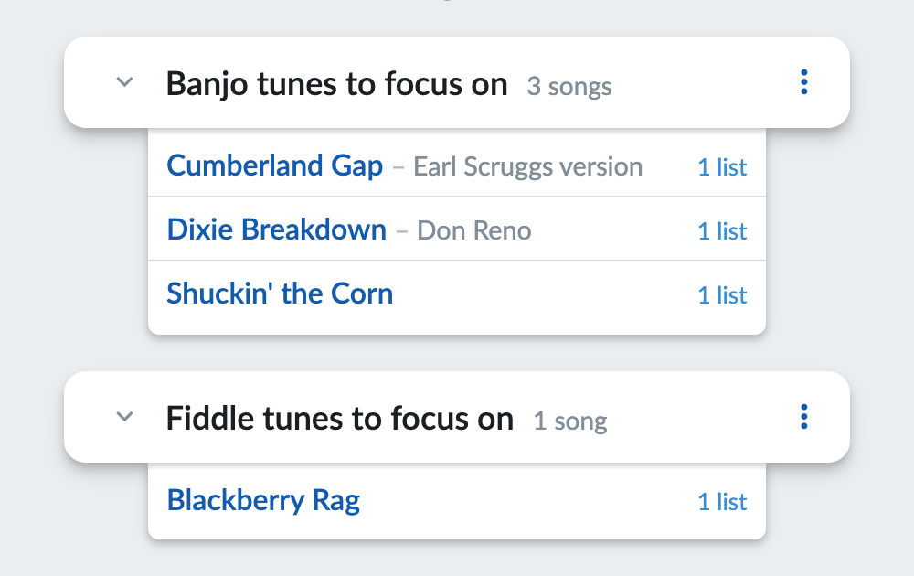 Home screen showing expanded Banjo and Fiddle song lists.