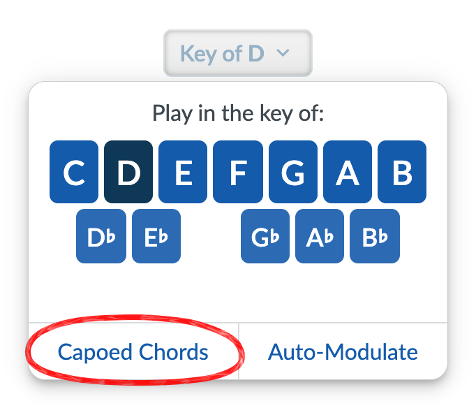 Key menu with the Capoed Chords option.