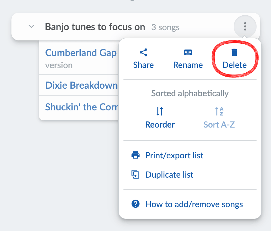 List menu with Delete circled.