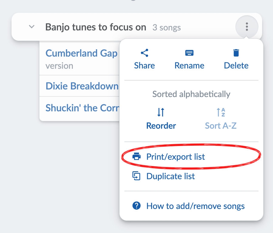 List menu with Print/export list circled.