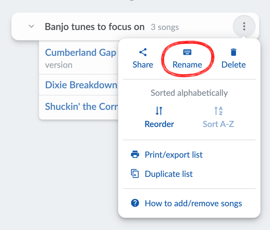 List menu with Rename circled.