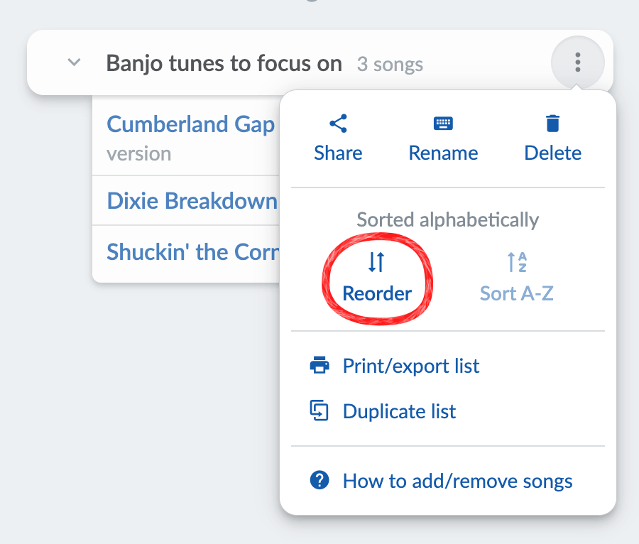 List menu with Reorder circled.