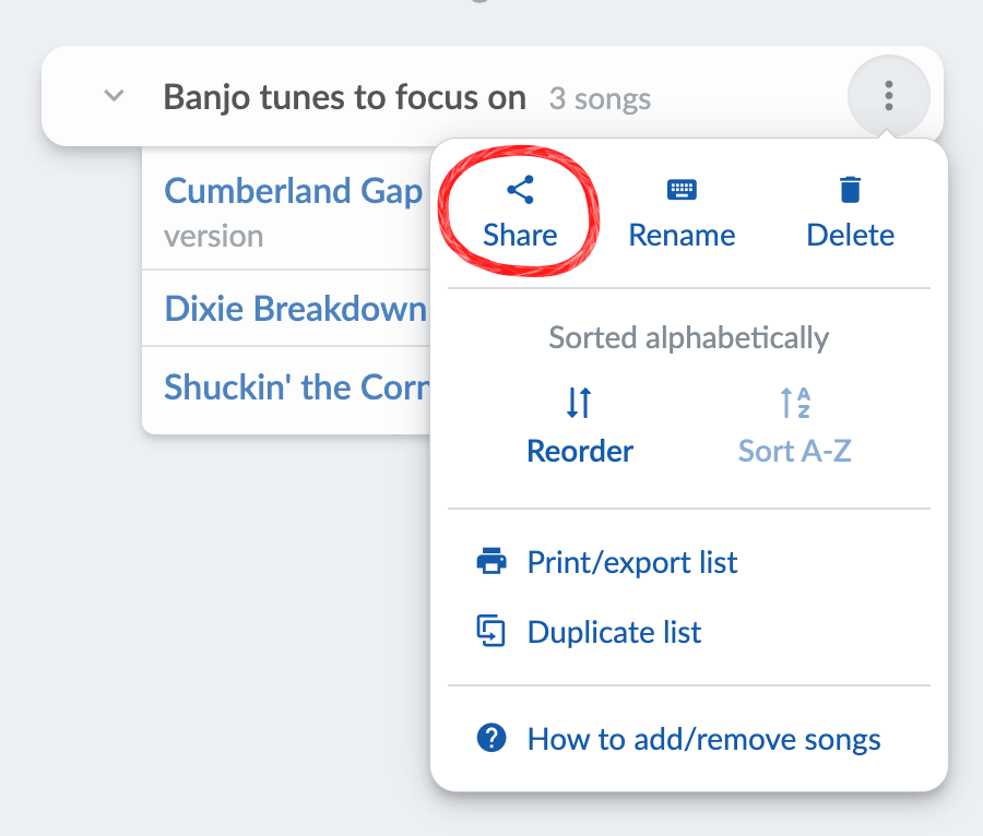 List menu with Share circled.