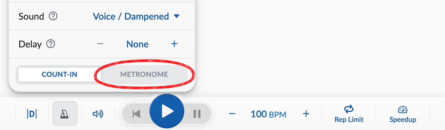 Count-in and metronome menu open with the Metronome tab circled on computer