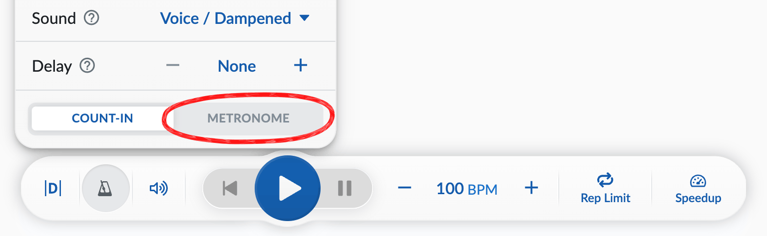 Count-in and metronome menu open with the Metronome tab circled on computer