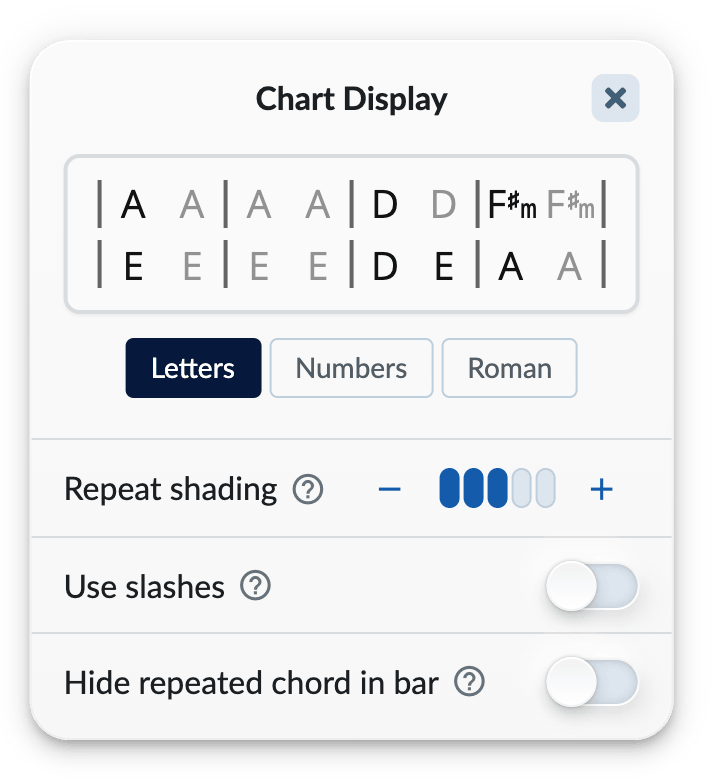 Chart display settings menu with default settings