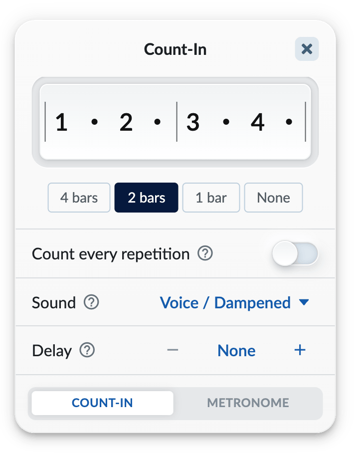 Count-in settings menu with a standard two-bar count-in