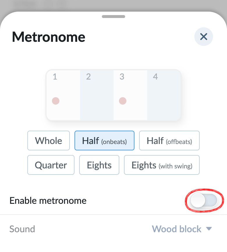 Metronome sheet on phone with Enable metronome switch circled