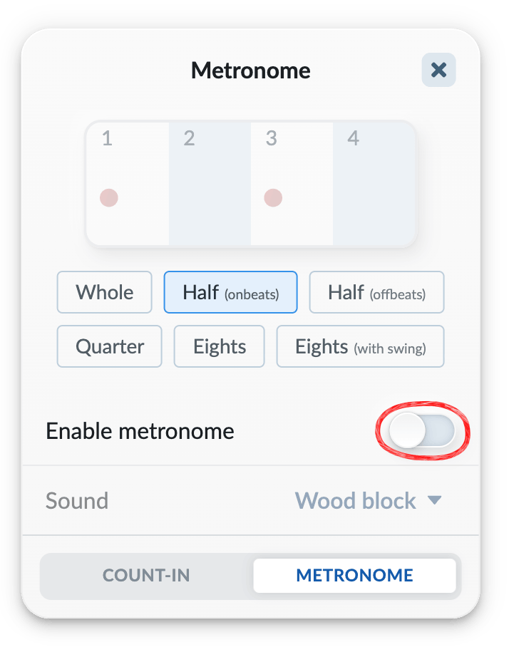 Metronome settings menu with Enable metronome switch circled