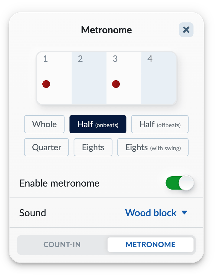 Metronome settings menu with metronome enabled