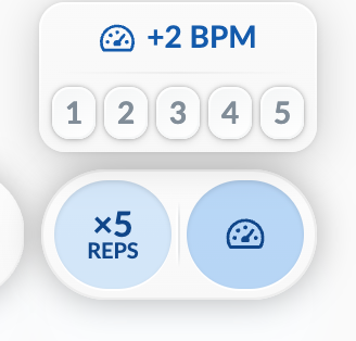 Rep indicator with 5 reps and +2 BPM speedup every rep, phone